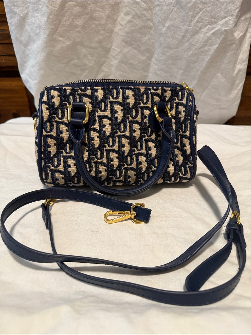 Dior Navy & Beige Oblique Mini Boston Bag